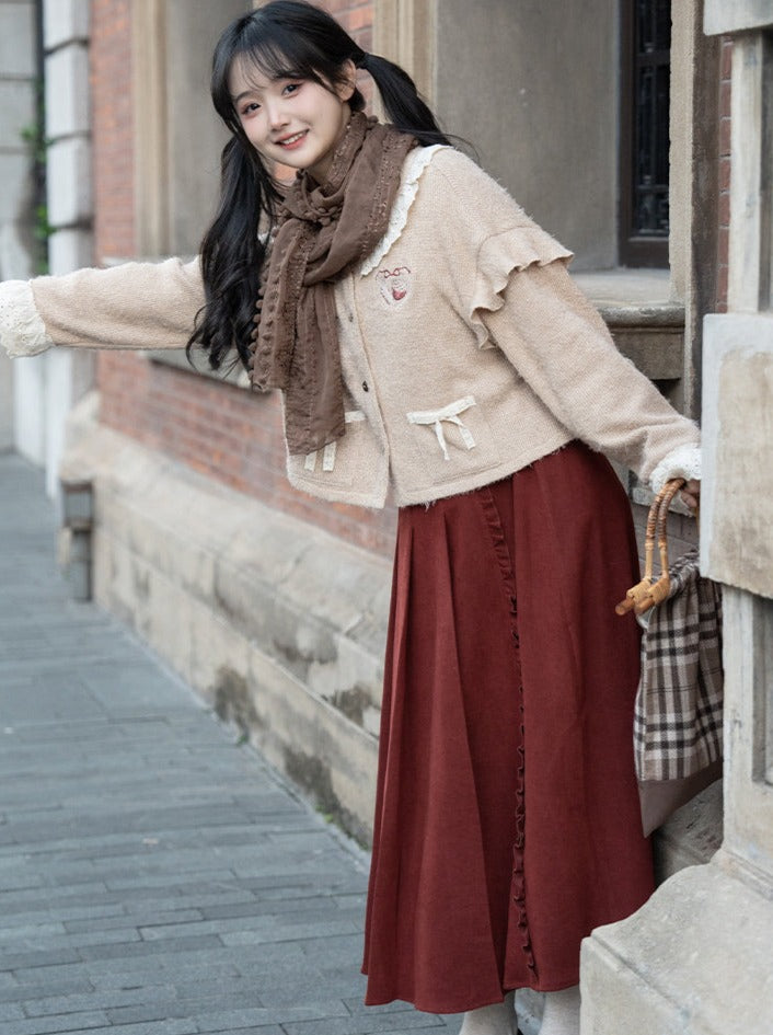 Skirt Long Cardigan Retro Cream Pleated