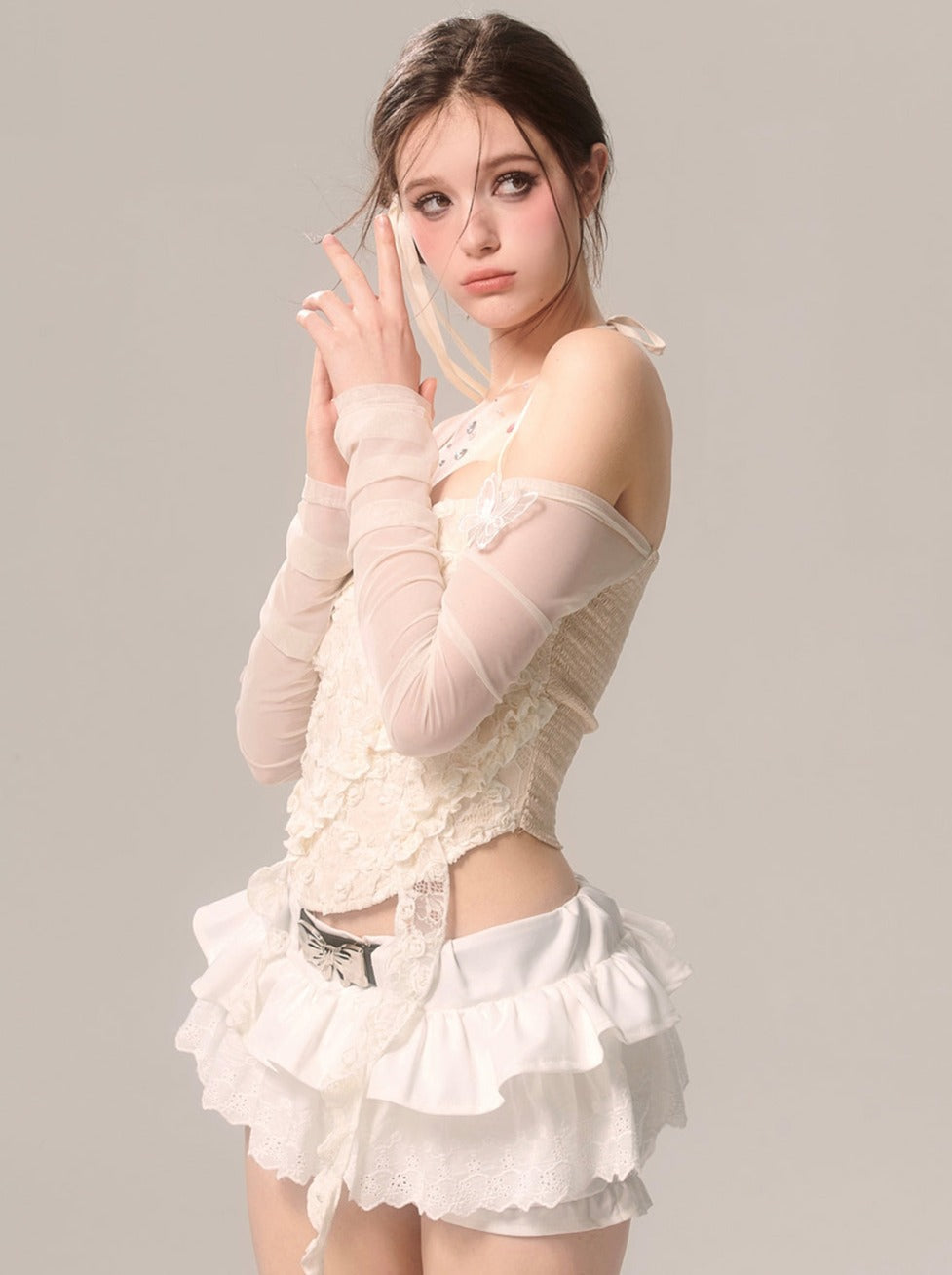 Pearl Ribbon Skirt White French Pants Lace Flared White Eye
