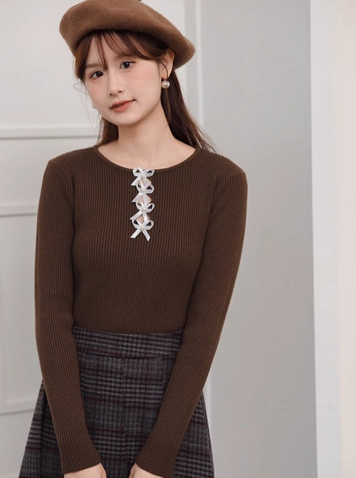 Wool Neck Round Loose Slim Top Design Ribbon