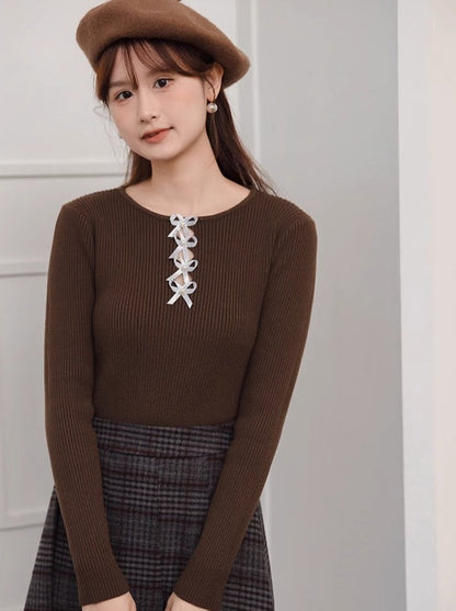 Wool Neck Round Loose Slim Top Design Ribbon