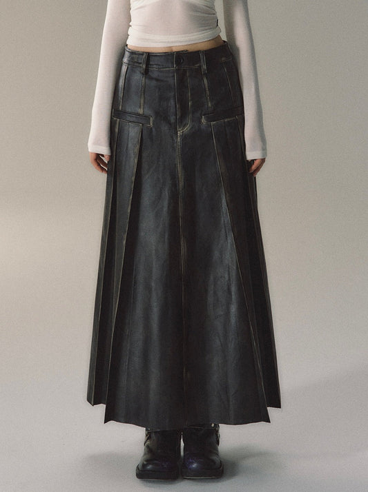 Polished Color Leather Heavy Skirt Long