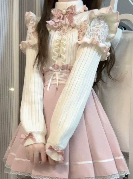 Turtle Neck Lace Frill Ribbon Knit + Nigh Waist Race Up Skirt