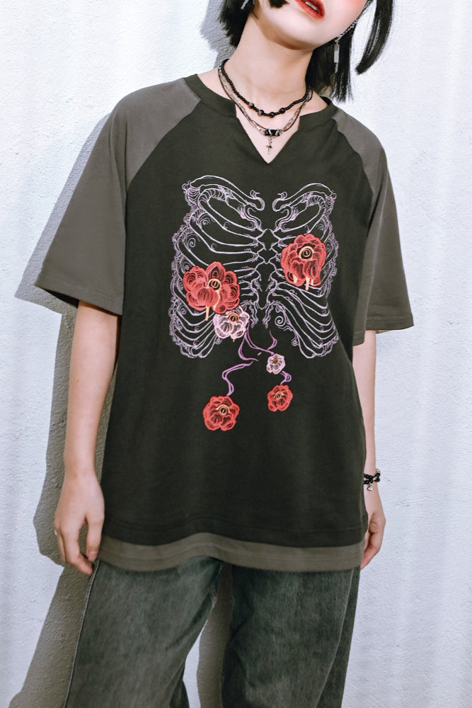 Bone Flower Bicolor Raglan Top V-Neck