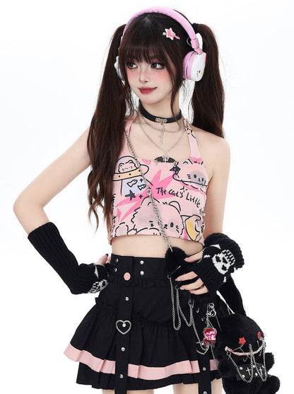 Pure Cute Print Halter Neck Top Graffiti Cat