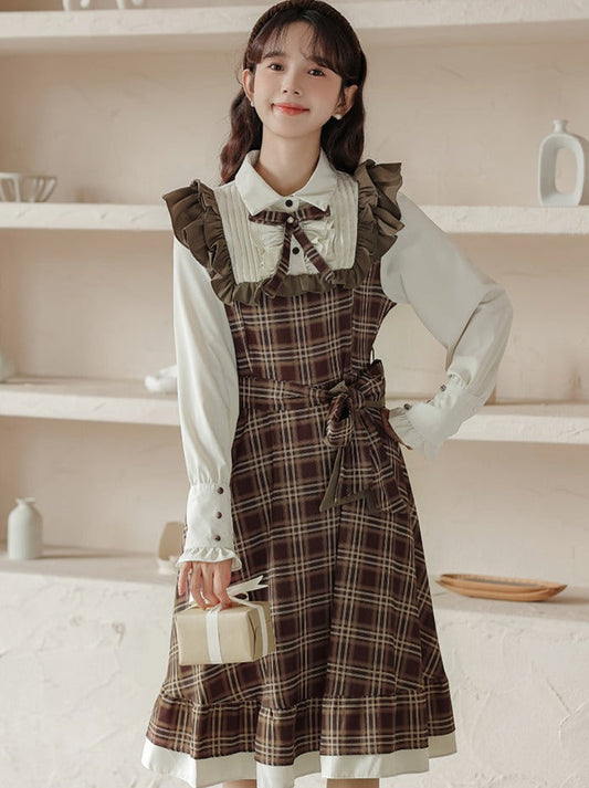 Brown Retro Skirt Style Suspender Hepburn French Ruffle