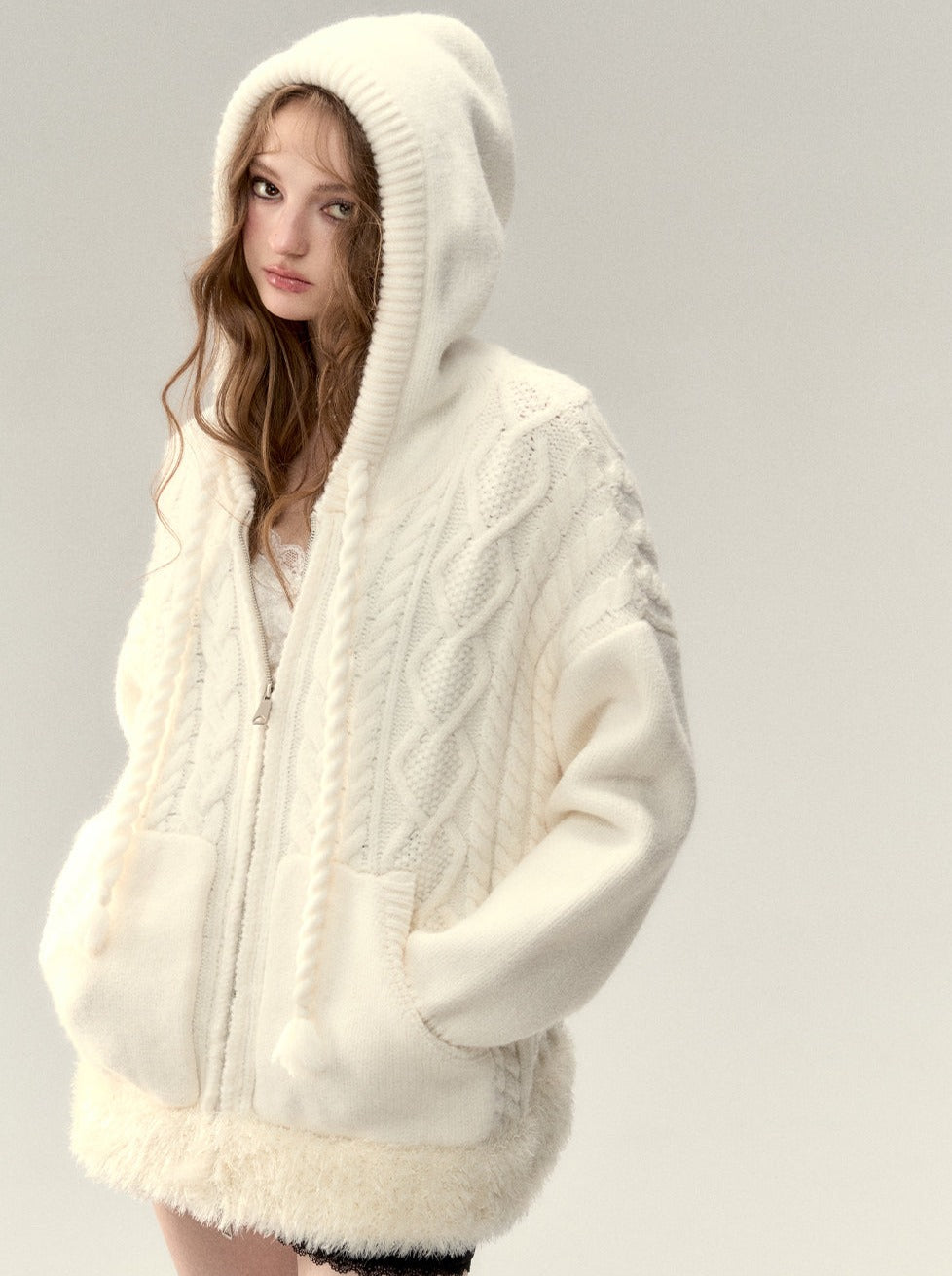 Sweat à capuche zippé en fourrure torsadée