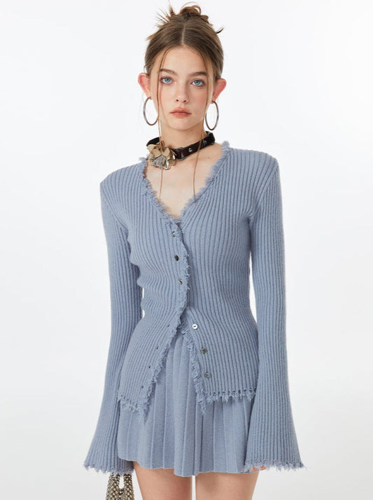 Blue Skirt Ribbed Cardigan Ice Top Flared