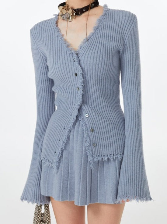 Blue Skirt Ribbed Cardigan Ice Top Flared
