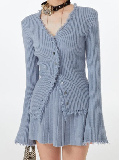 Blue Skirt Ribbed Cardigan Ice Top Flared