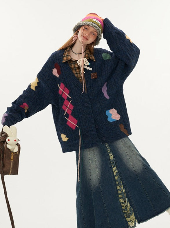 Asymmetrical Knit Over Design Cardigan Retro Colorful