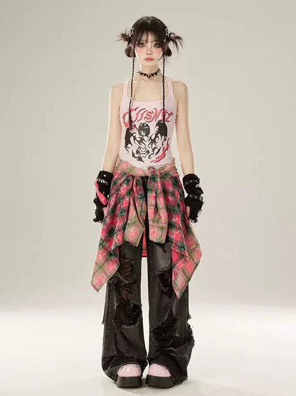 Rose Red Check Gradient Shirt