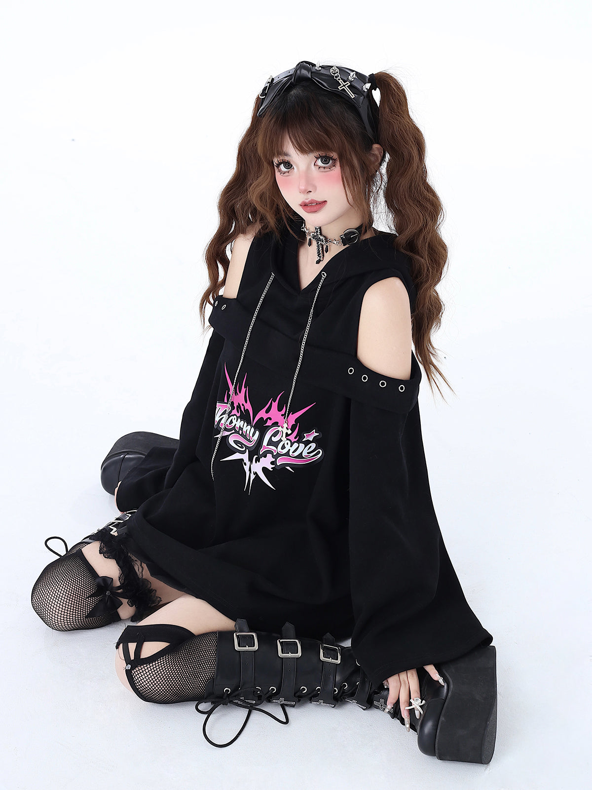 Subculture Punk Leaky Chain Spring Shoulder Original Top Dark Hooded Sweatshirt Rock