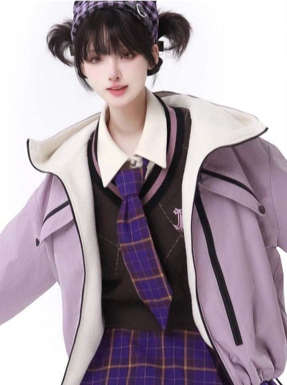 Multi -pocket Taro Purple Jacket Knit Best Skirt Suit