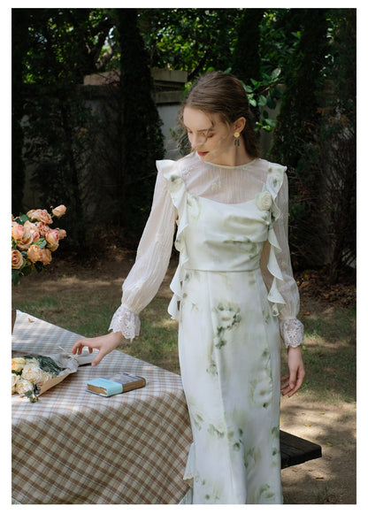 Skirt Top Green Camisole Flower Sheer + Chiffon
