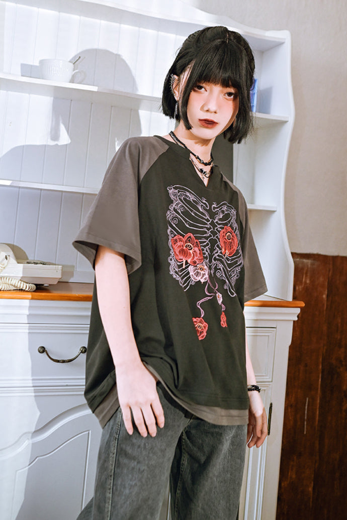 Bone Flower Bicolor Raglan Top V-Neck