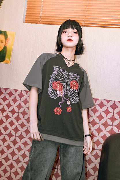 Bone Flower Bicolor Raglan Top V-Neck