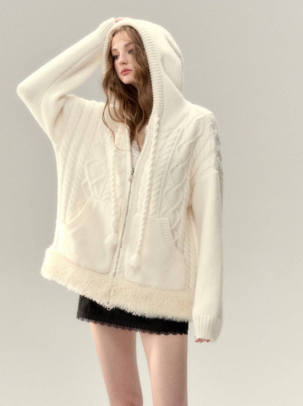 Sweat à capuche zippé en fourrure torsadée