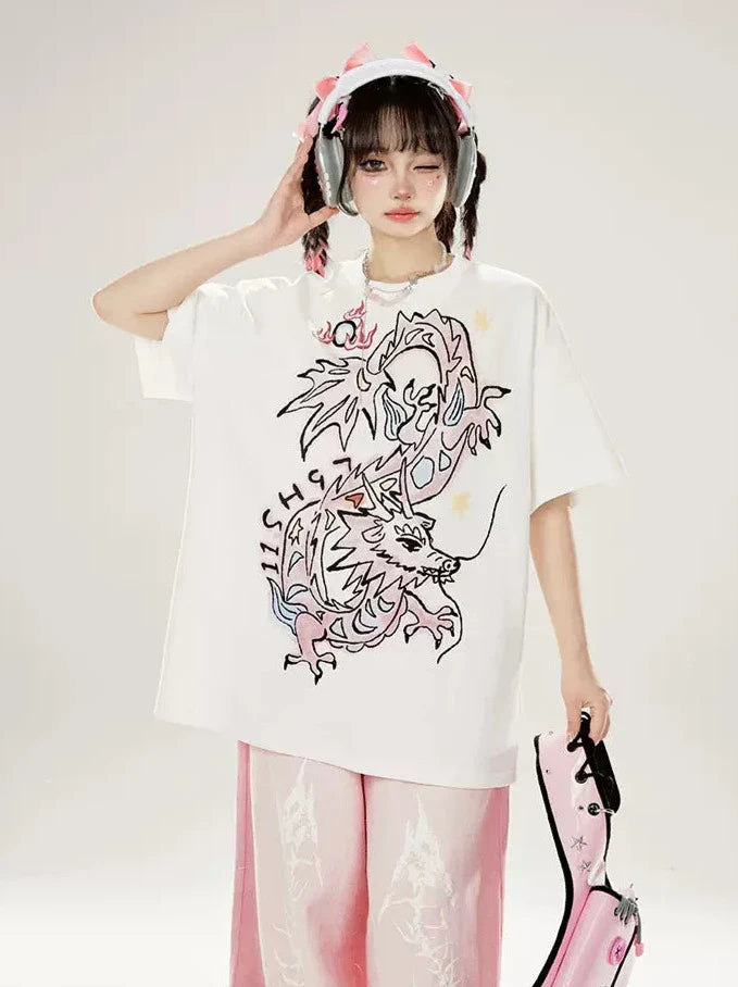 Original Loose T-Shirt mit Drachen-Print in Weiß