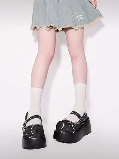 Buckle Star Toe Platform Denim One Punk Round Shoes