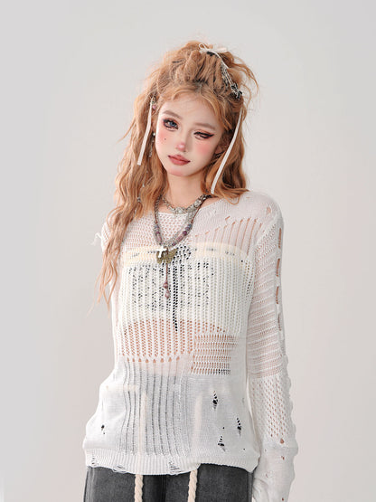 Summer Knit + Tube Top Openwork Sheer Ripped