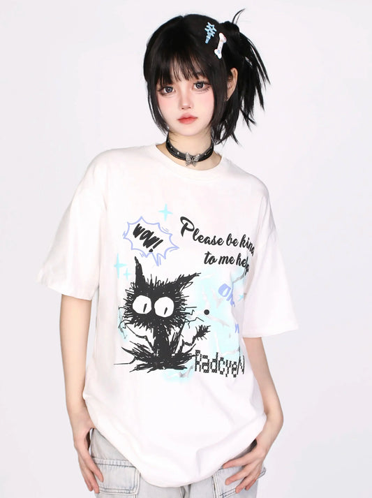 T-shirt imprimé chat couleur contrastée dessin animé