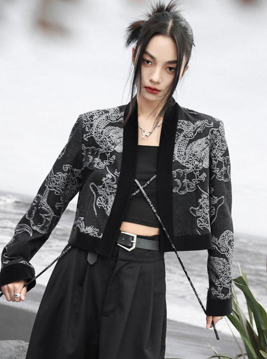 Haut ample rétro à taille haute avec double boutonnage et motif dragon en jacquard