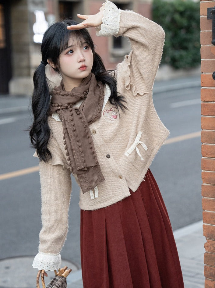 Skirt Long Cardigan Retro Cream Pleated