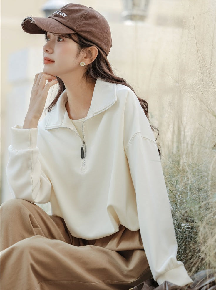 Pullover Zipper Sweatshirt College Style Lapel