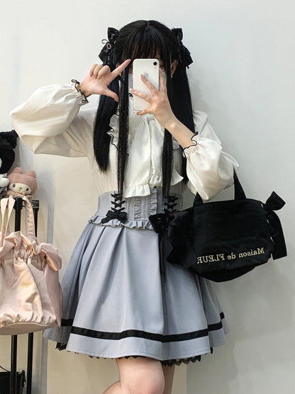Color Sleep Frill Stand Volume Ribbon Shirt