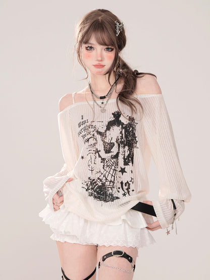 Printed Strap Loose Top Sheer Off-the-shoulder