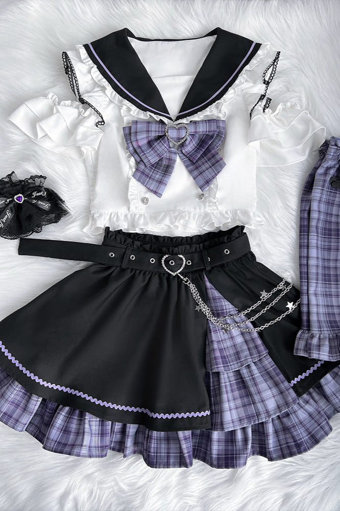 Set Sailor Flared Check Top + Skirt Mine