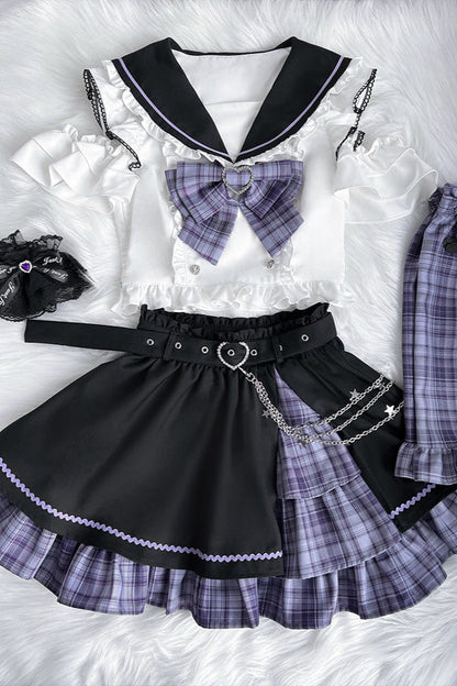 Set Sailor Flared Check Top + Skirt Mine