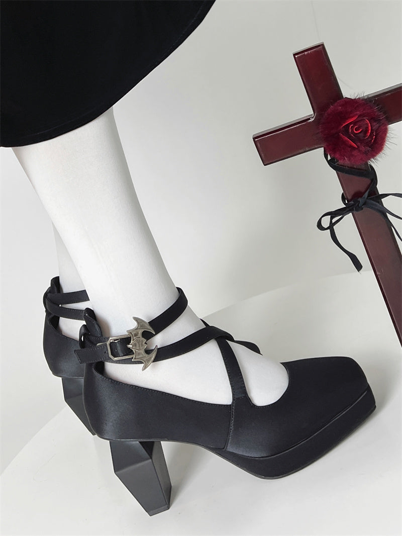 Toe Strap Goth High Elegant Square Teresa's Silk Prayer Heels