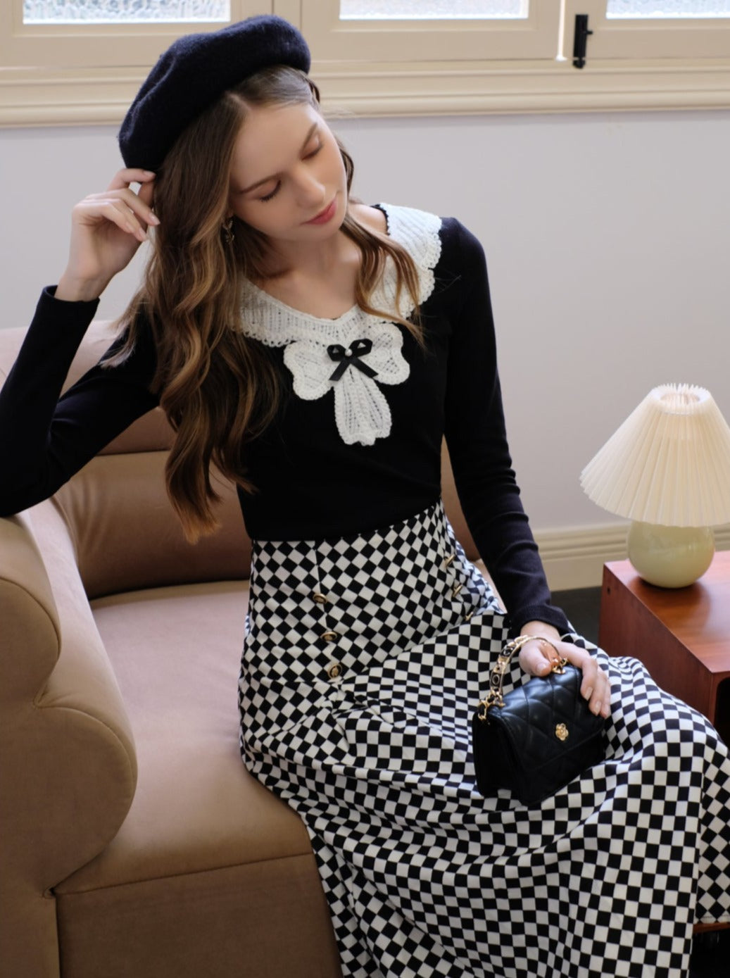 Design Lace Diamond Ribbon + Top Check Skirt
