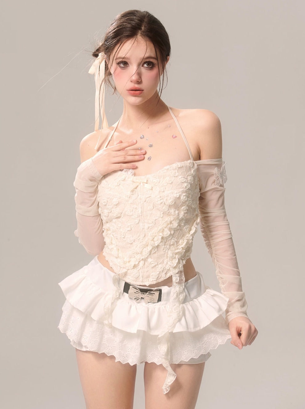 Pearl Ribbon Skirt White French Pants Lace Flared White Eye