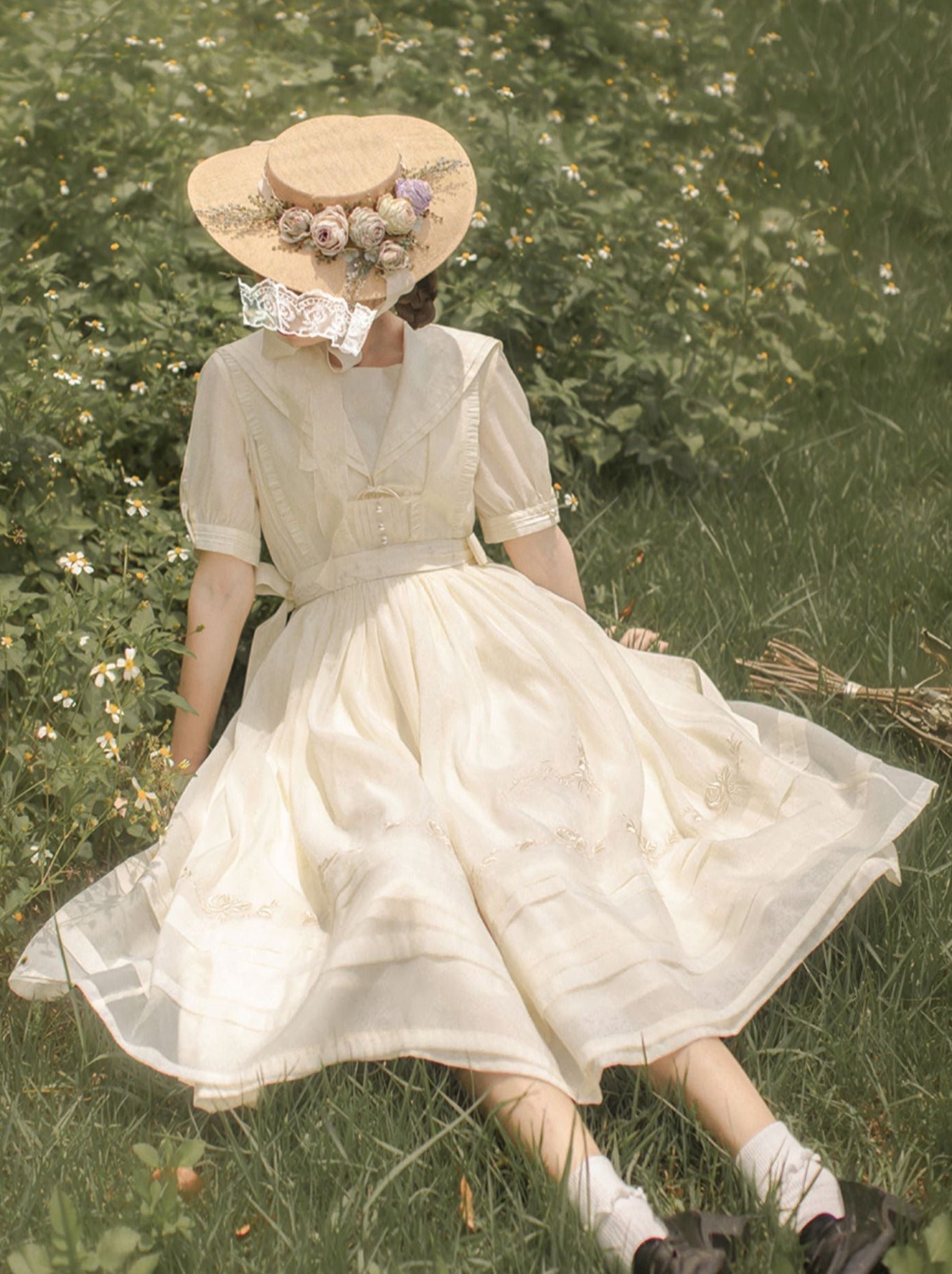 Belt Dress Rose + Skirt Over Tulle Sailor Color + Natural Fairy Collar Embroidery