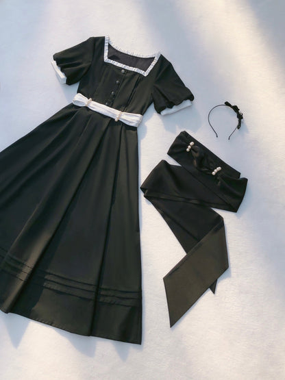 Square Black Pearl Waist Necklace French Collar Dress Black Ribbon Catsuit Retro