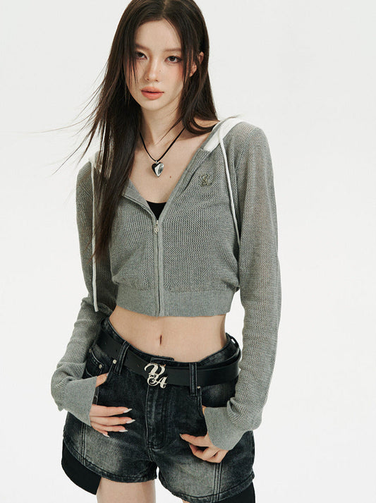 Sweat à capuche court/long en maille transparente avec fermeture éclair
