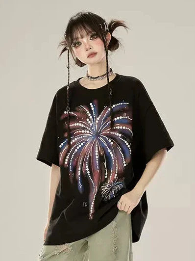 Lockeres T-Shirt Fireworks Schwarz Print