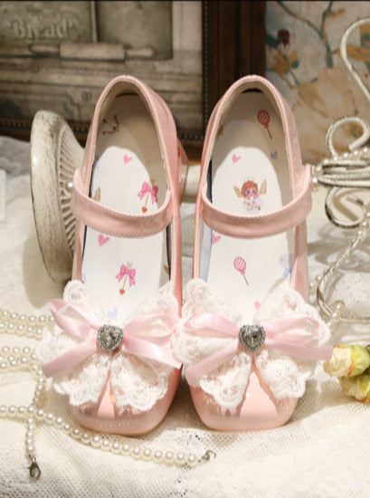 Chaussures élégantes à talons carrés en dentelle et ruban, bout pointu, Lolita Love