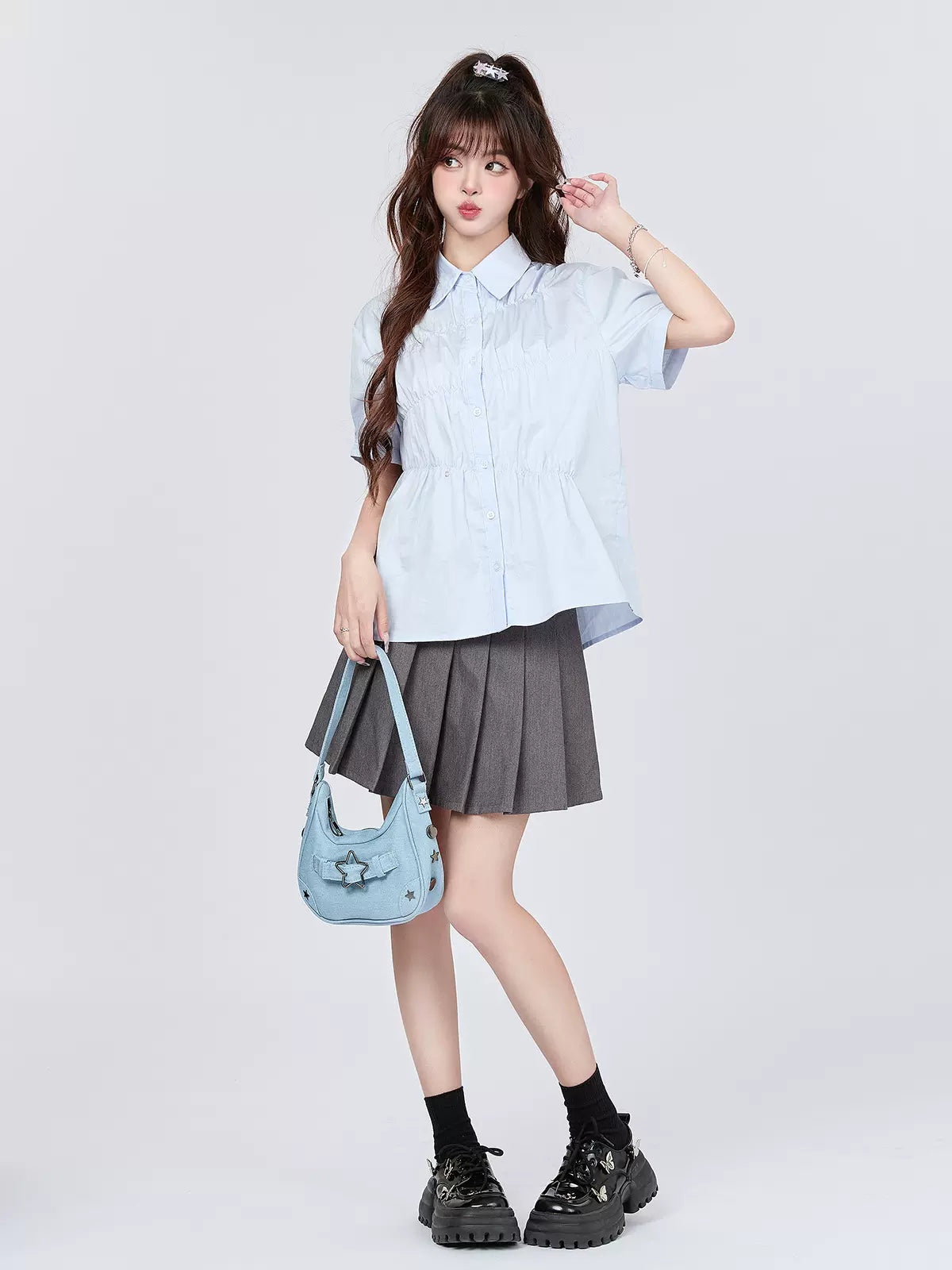 Pleated Blue Design Milk Shirt
