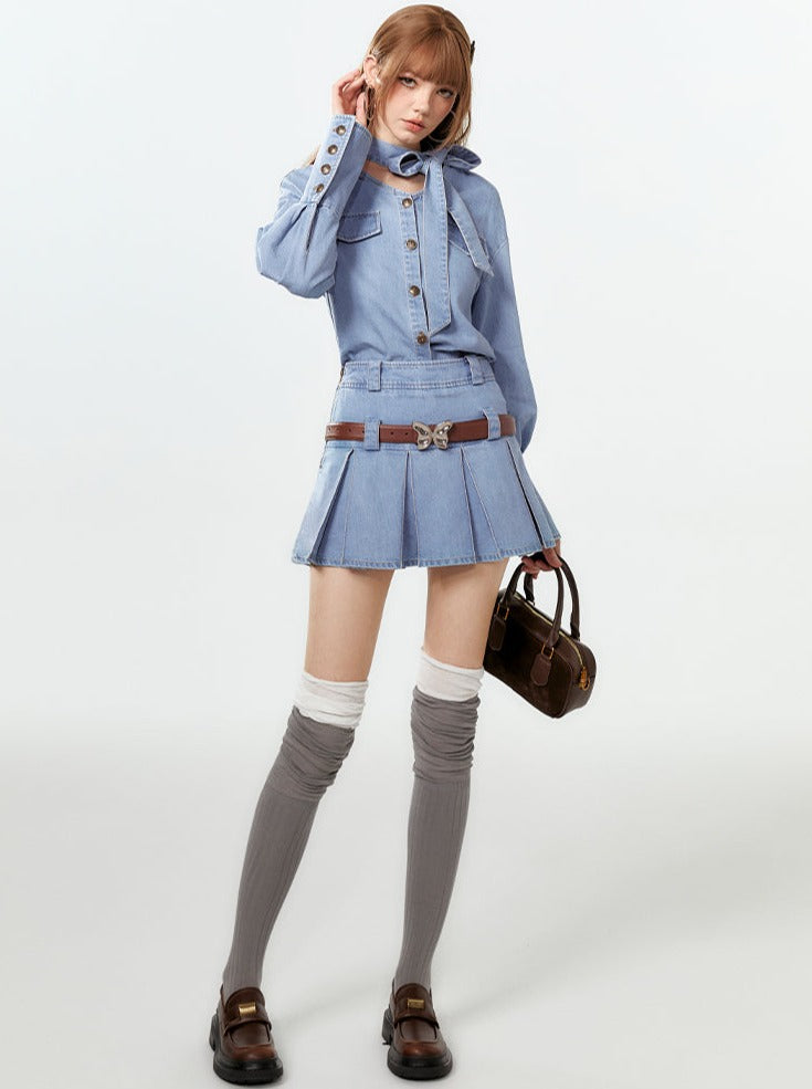 プリーツデニムネックシャツリボンスカート
