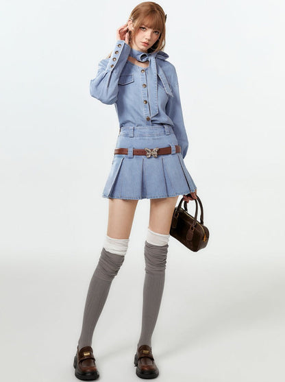 プリーツデニムネックシャツリボンスカート