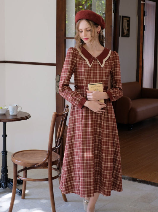 Check Dress Latte Butterfly Retro Black Tea Collar French