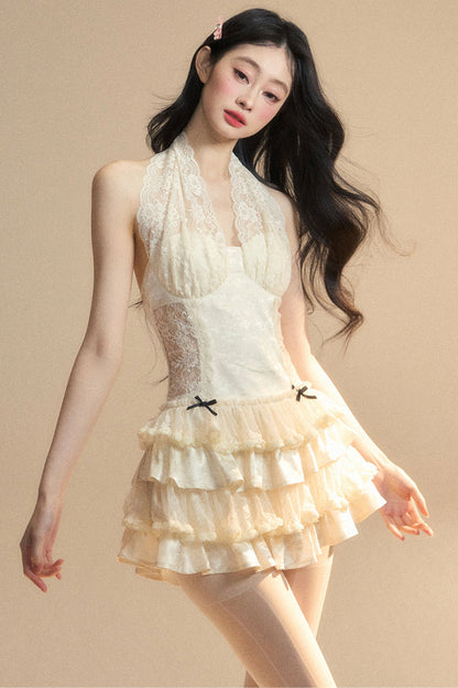 Sweet Neck Dress Halter Lace