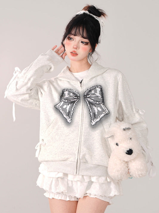 Zip-Up Hooded Loose Black Hoodie Ribbon