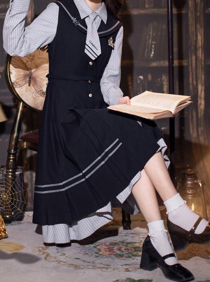 Shirt Dress Color + Tie Pleated Navy Suit Striped Badge Retro Magic Dress Academy