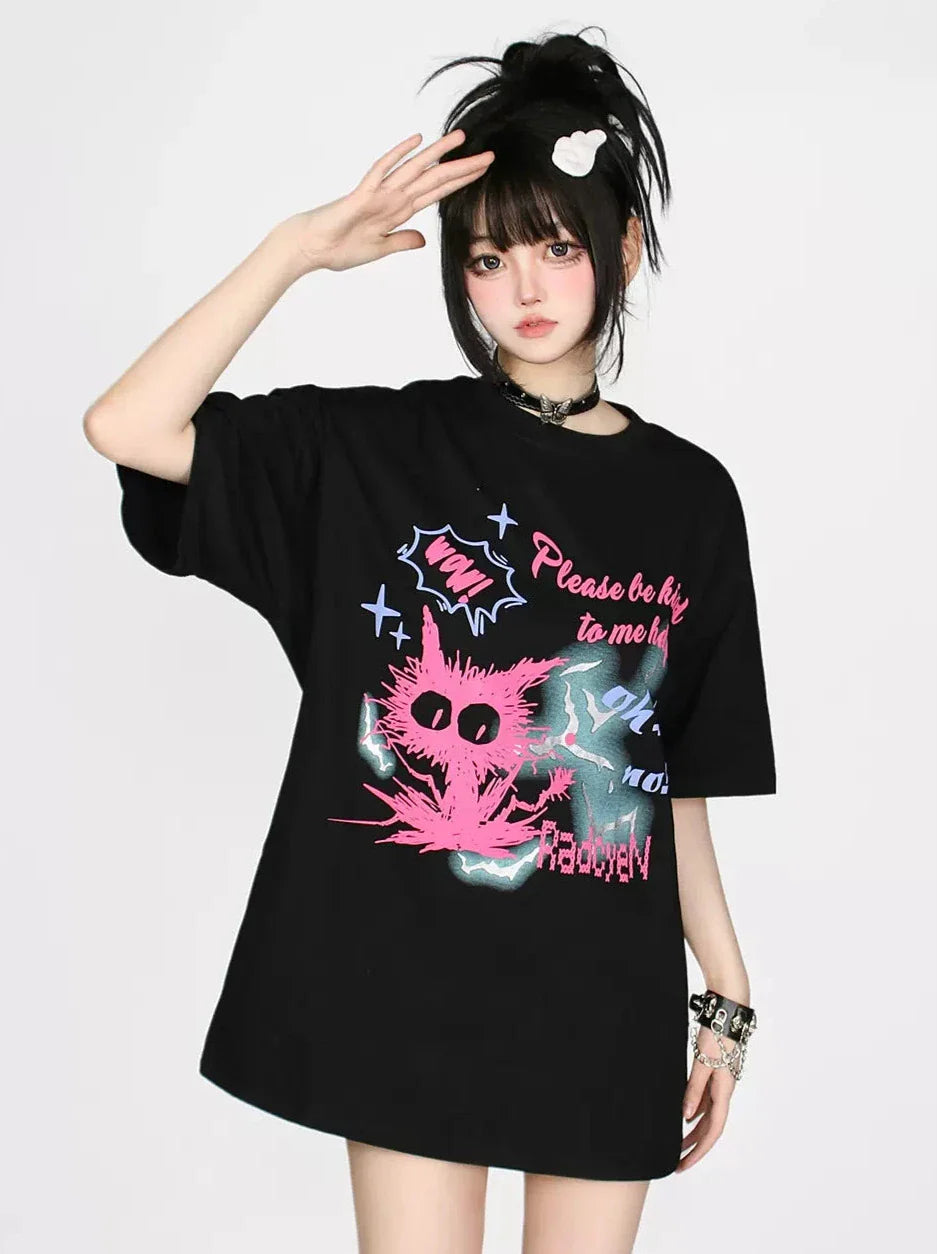 T-shirt imprimé chat couleur contrastée dessin animé