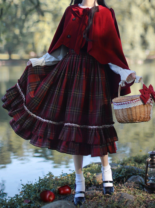 Dress Ribbon Collar Hood Head Riding Red Little + Scarf Tiered Pleated Cape Coat Check Shirt