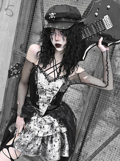 PU Suspender Punk Halter-neck Mesh Metallic Off-the-shoulder Tulle + Top Dress Sheer